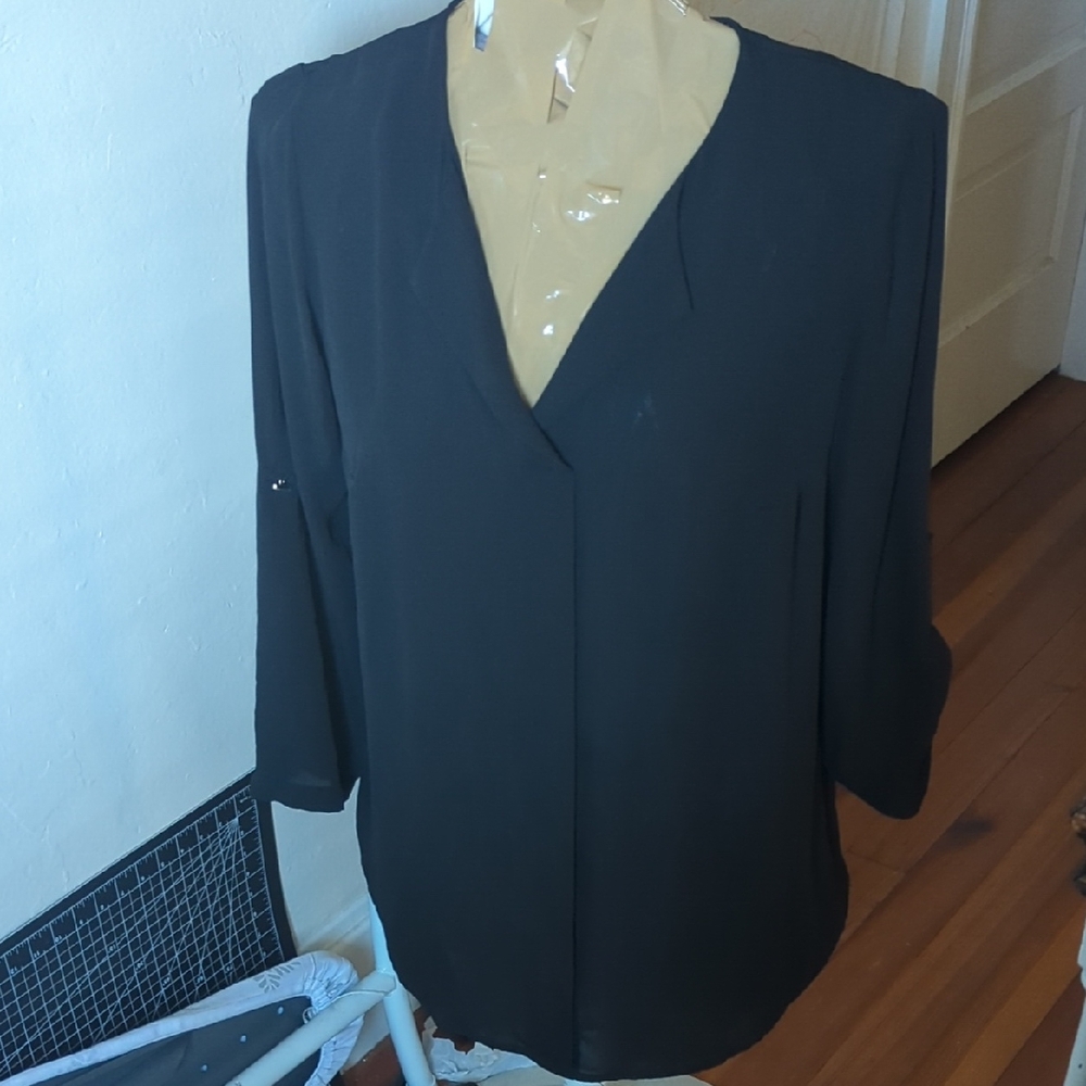 Pure Energy Black V-Neck Tunic With Gold Sleeve Buttons